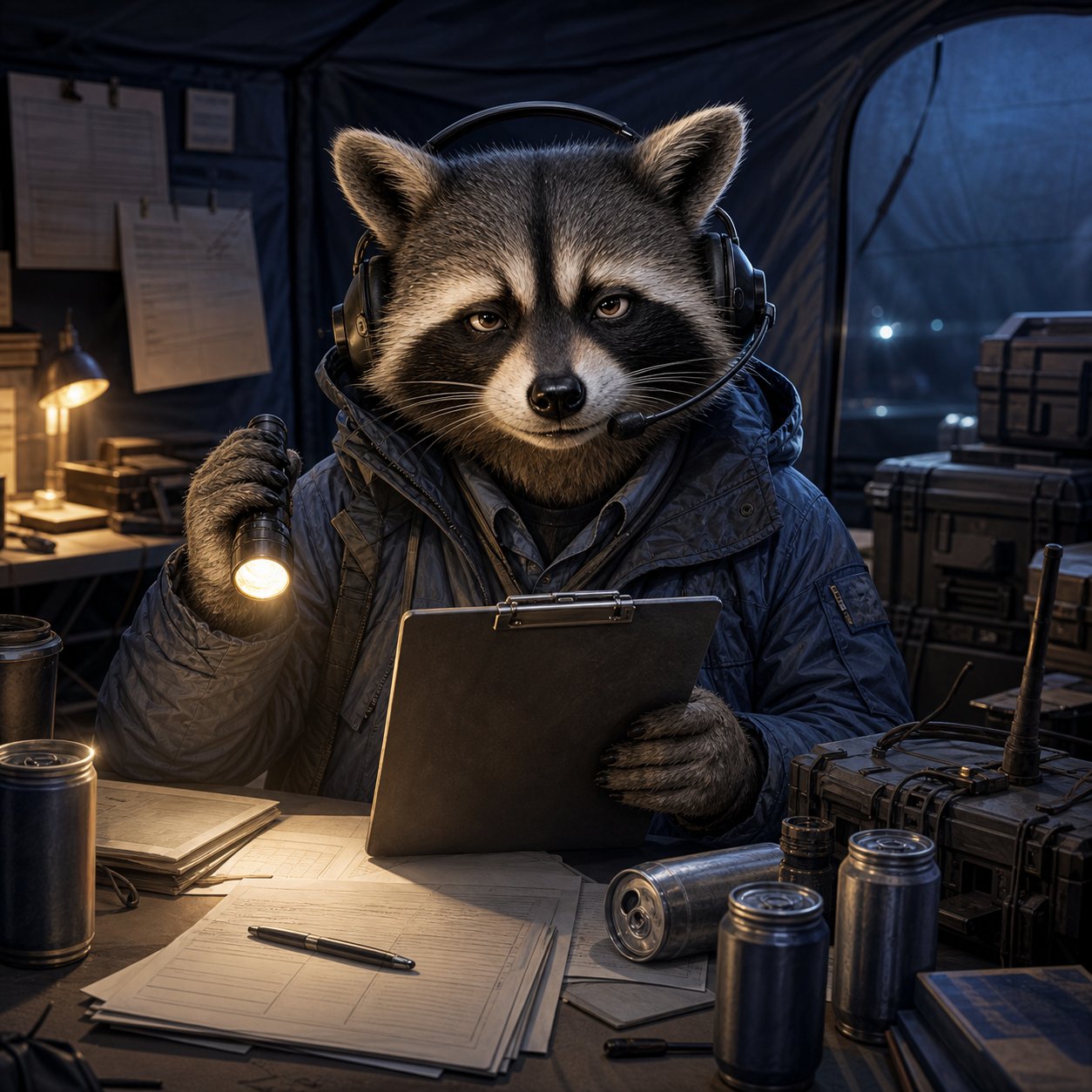 CCO Raccoon with headset, clipboard, and flashlight in a field contracting workspace.