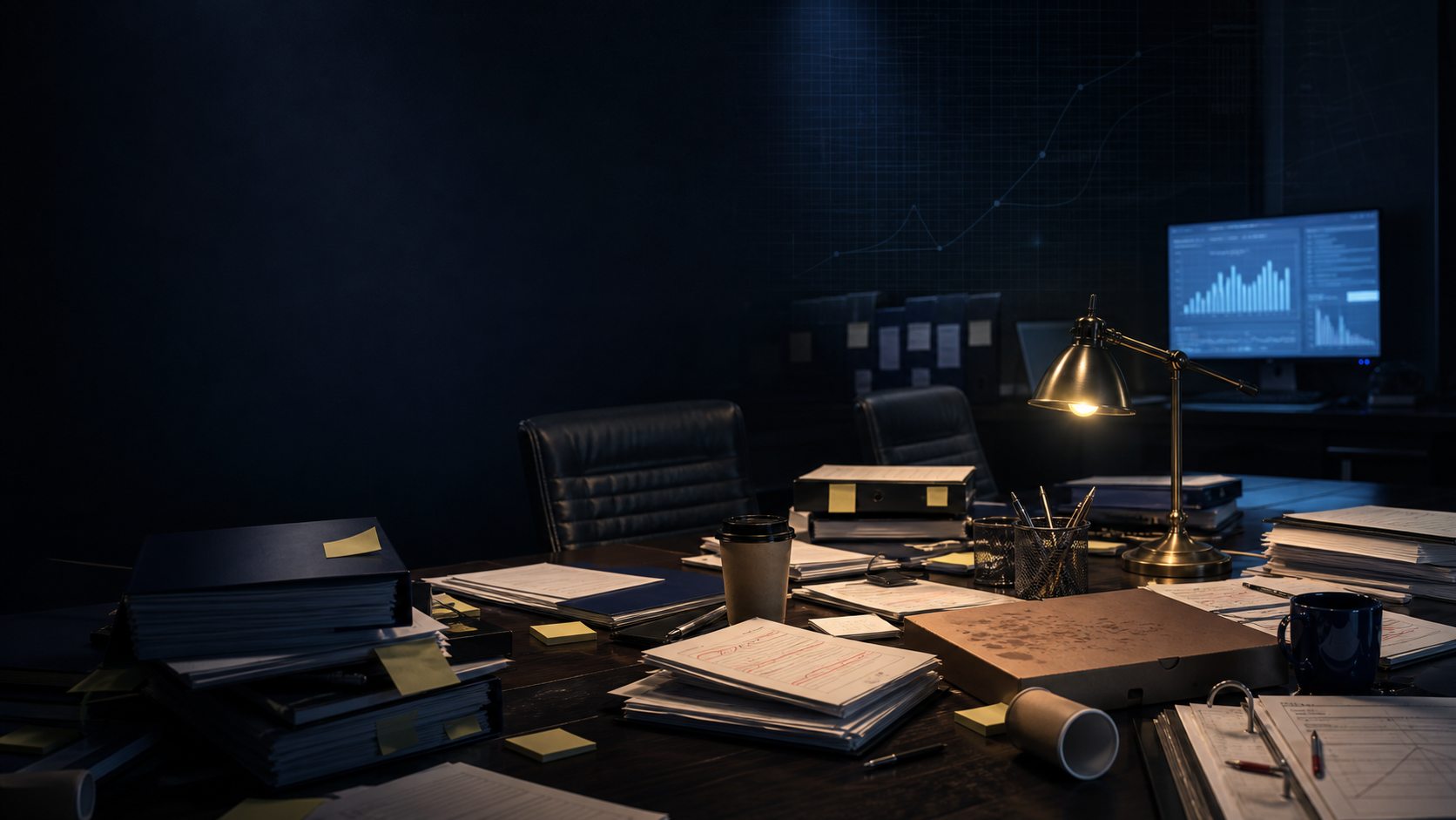 After-hours acquisition desk with binders, redlined papers, coffee, and a pizza box under amber light.