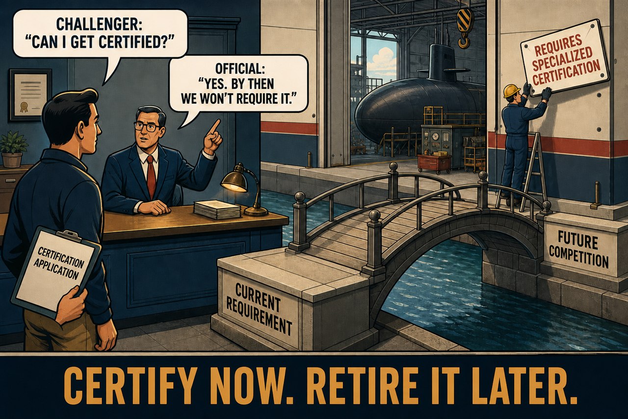 Original comic of a challenger asking about certification beside a literal bridge from current requirement to future competition while a certification sign is being removed at the far end.