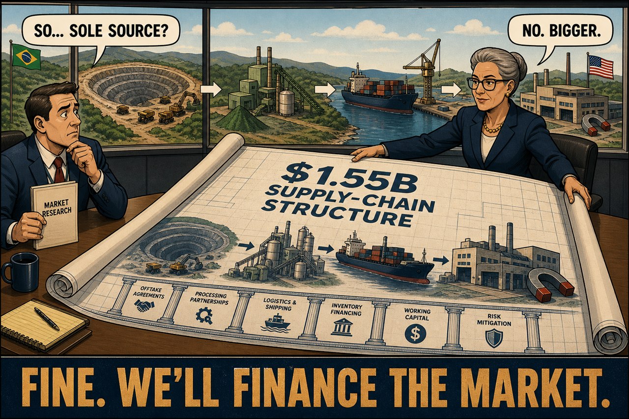 Original comic of a contracting officer holding a market-research memo while a senior official unrolls a $1.55 billion supply-chain structure linking a mine, processing, shipping, and manufacturing.