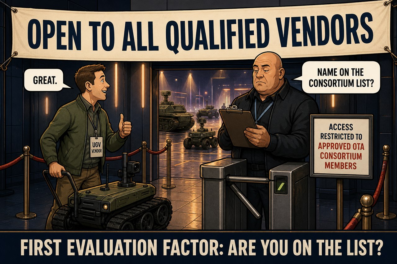 Original comic of a UGV vendor at a demonstration entrance beneath an Open to all qualified vendors banner while a gatekeeper asks whether the vendor is on the consortium list.