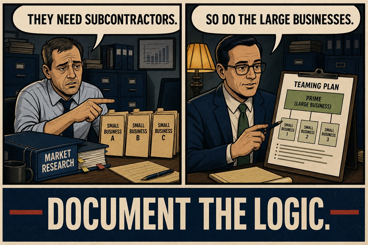 Original two-panel comic: an acquisition official says small businesses need subcontractors, and an auditor replies that large businesses do too; the caption says Document the logic.