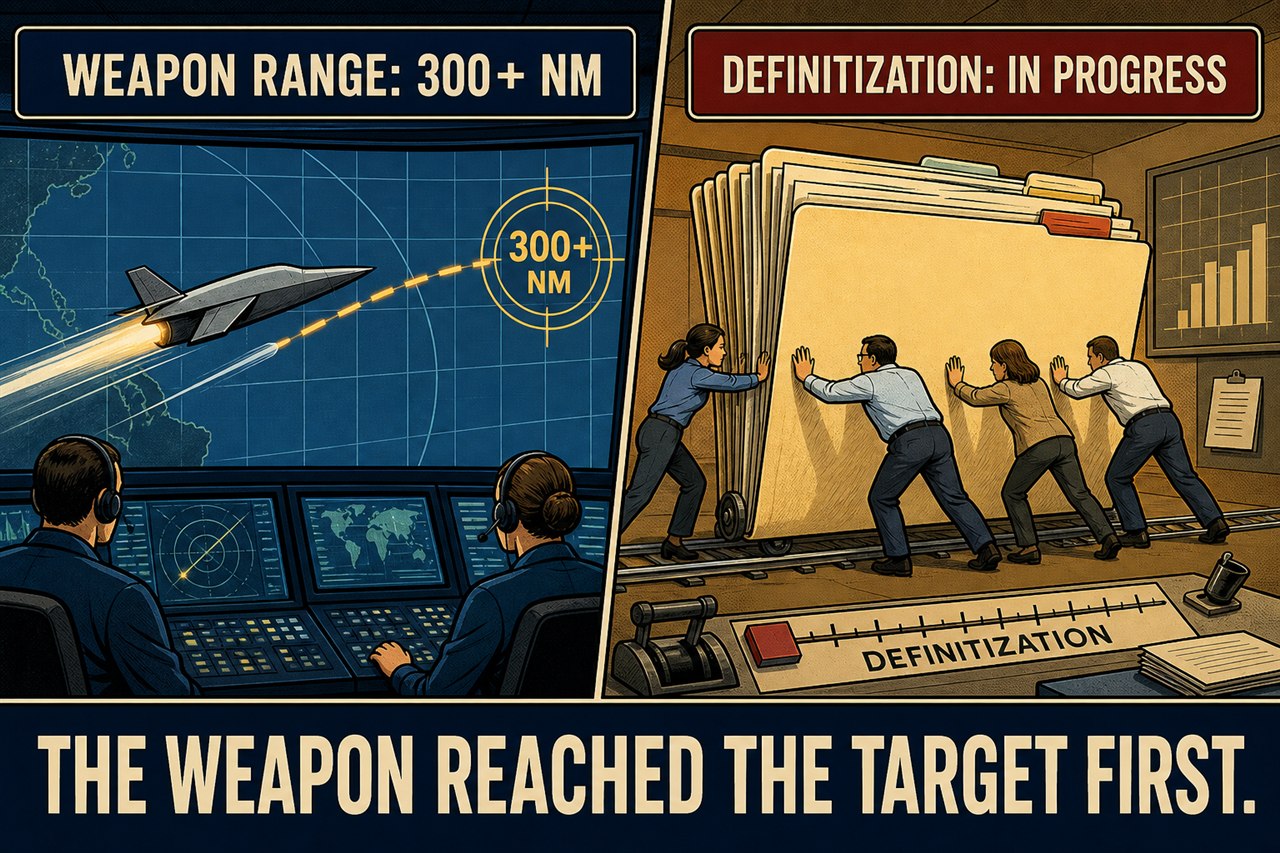 Original split-screen comic: a generic long-range test vehicle crosses a 300-plus-nautical-mile display while a contracting team pushes a huge file through definitization; the caption says the weapon reached the target first.