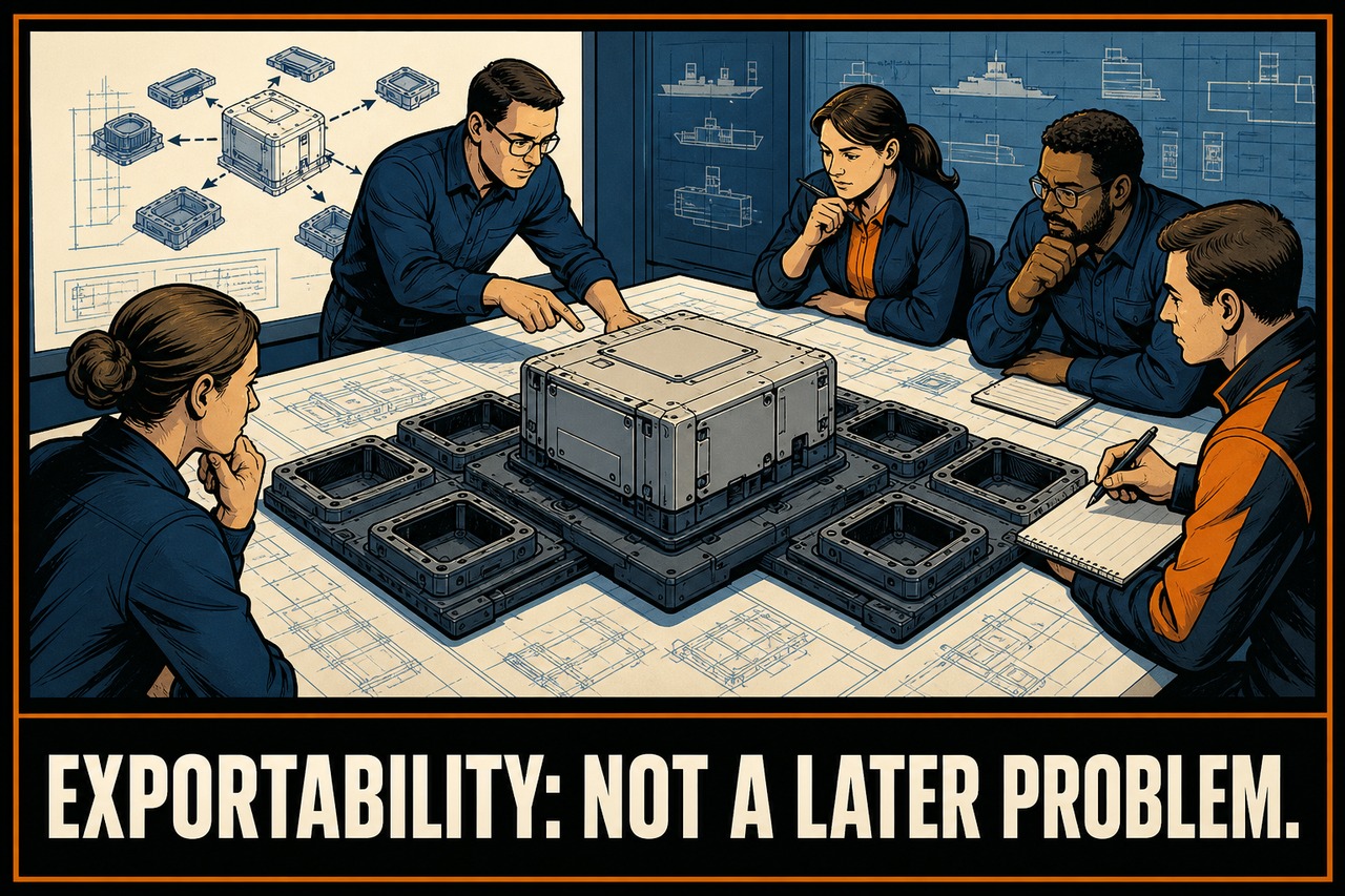 Original editorial comic of engineers designing a generic modular system with partner adapter spaces already built in beneath the caption Exportability: not a later problem.
