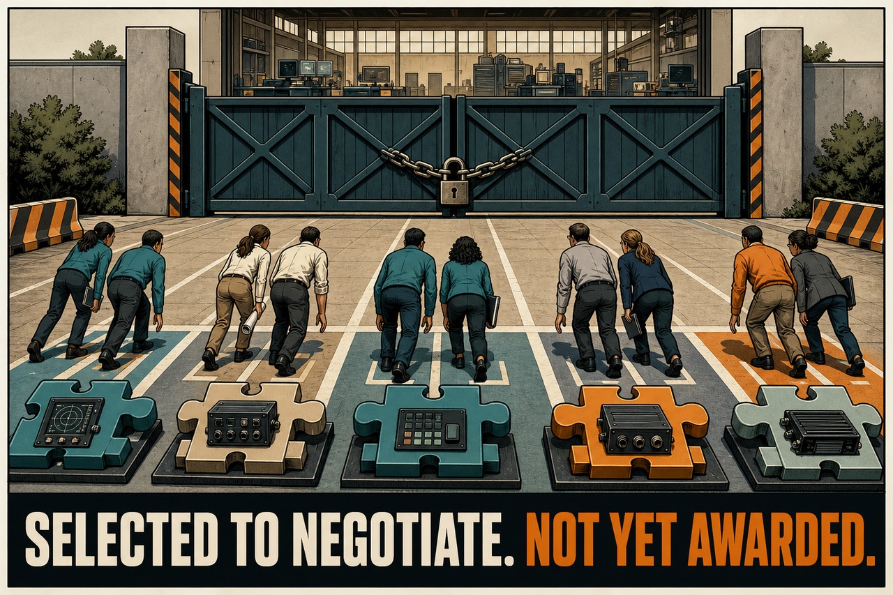 Original editorial comic of integration teams at starting blocks before a locked workshop gate beneath the caption Selected to negotiate. Not yet awarded.