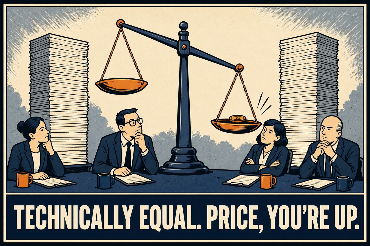 Original editorial comic of equal proposal stacks beside a balance scale tipped by a small price token beneath the caption Technically equal. Price, you're up.