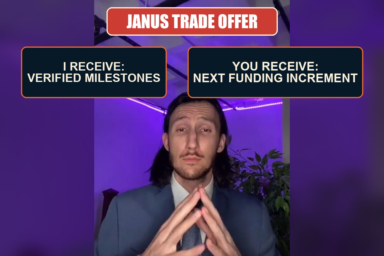 Trade Offer meme proposing verified Janus milestones in exchange for the next funding increment.