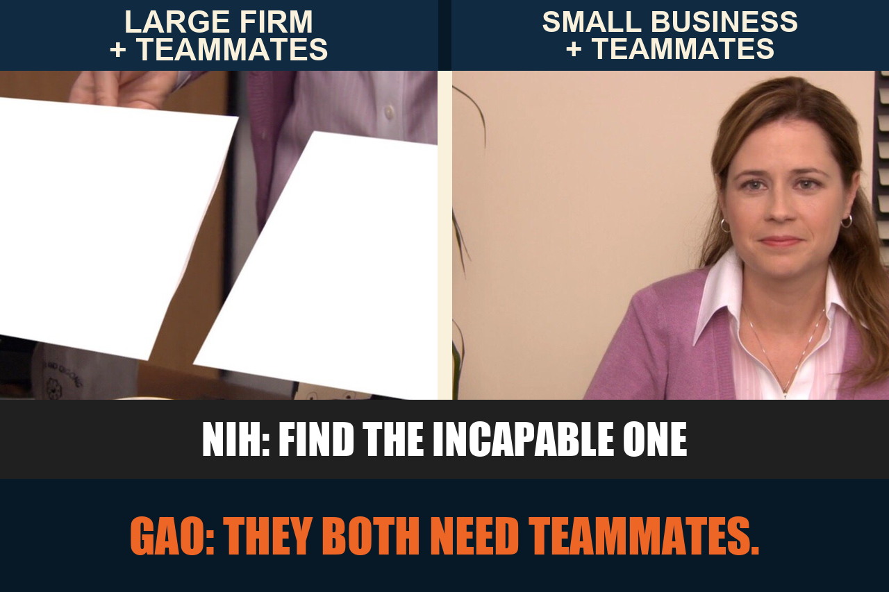 They're the Same Picture meme comparing a large firm with teammates to a small business with teammates and noting that both need teammates.