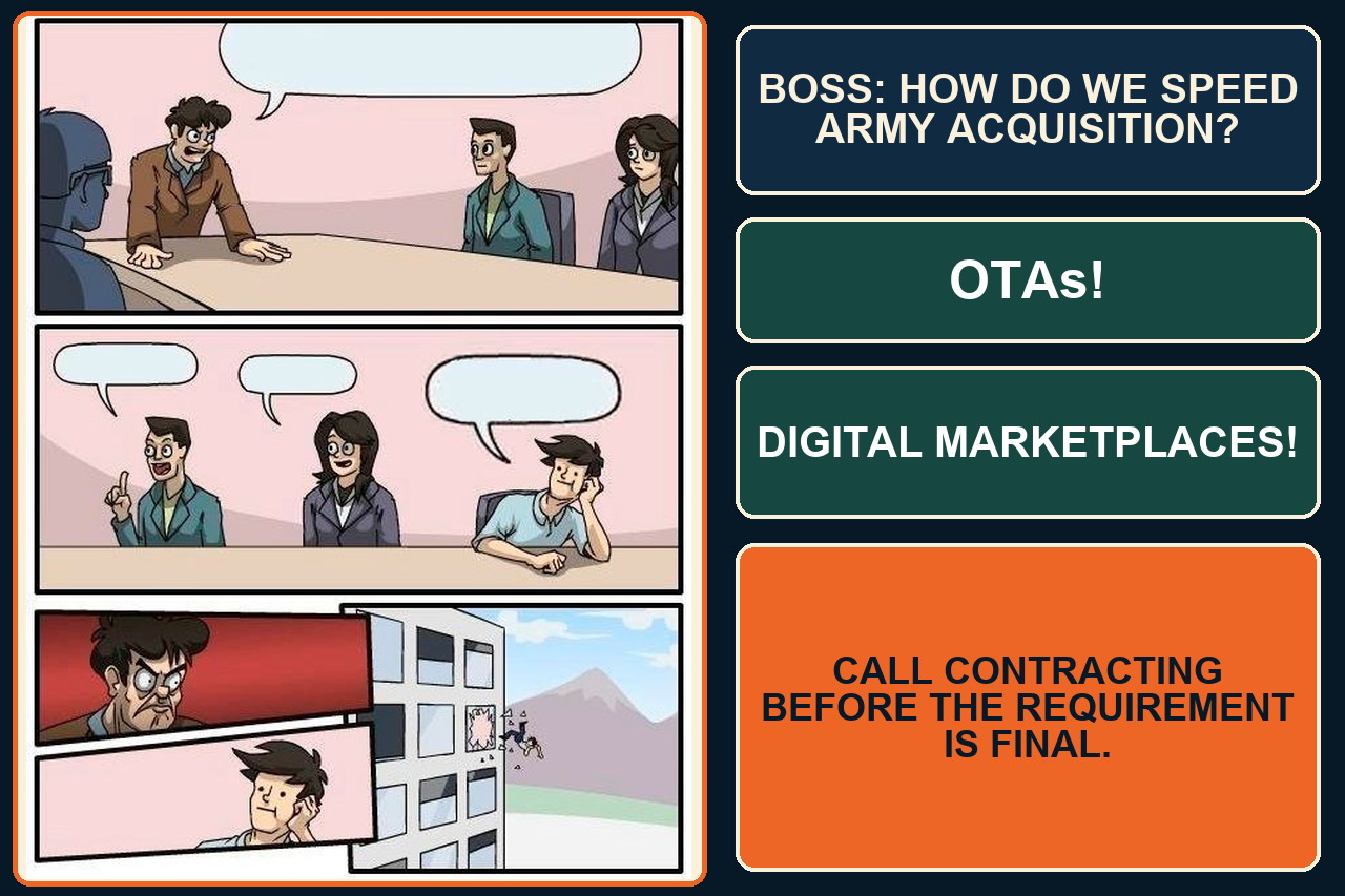 Boardroom Suggestion meme asking how to speed Army acquisition, accepting OTAs and digital marketplaces, and throwing out the suggestion to call contracting before the requirement is final.