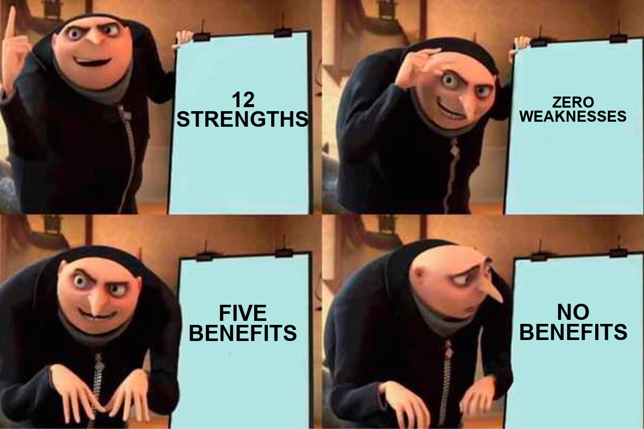 Gru's Plan meme progressing through 12 strengths, zero weaknesses, five benefits, and the confused conclusion no benefits.