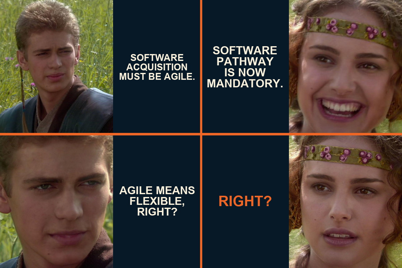Anakin and Padme four-panel meme pairing the Army's agile software goal with a mandatory Software Acquisition Pathway and asking whether agile means flexible.