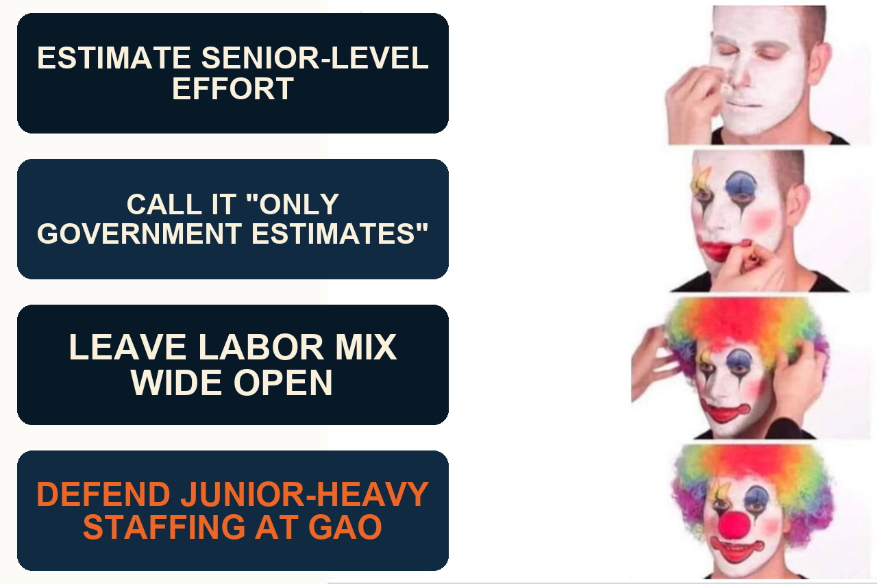Clown Applying Makeup progression showing DLA estimating senior-level effort, calling the figures only Government estimates, leaving the labor mix open, and defending junior-heavy staffing at GAO.