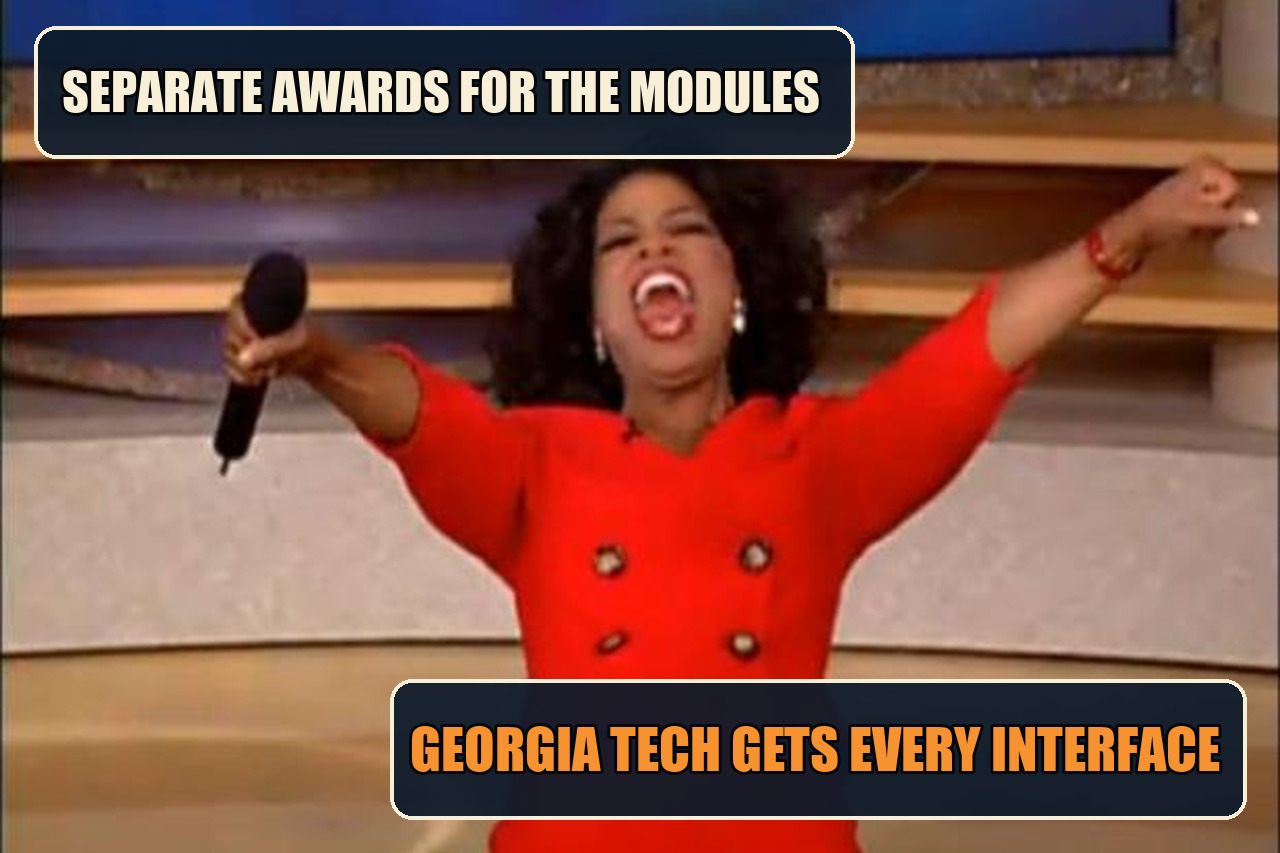 Oprah You Get a Car meme with the setup Separate awards for the modules and the payoff Georgia Tech gets every interface.