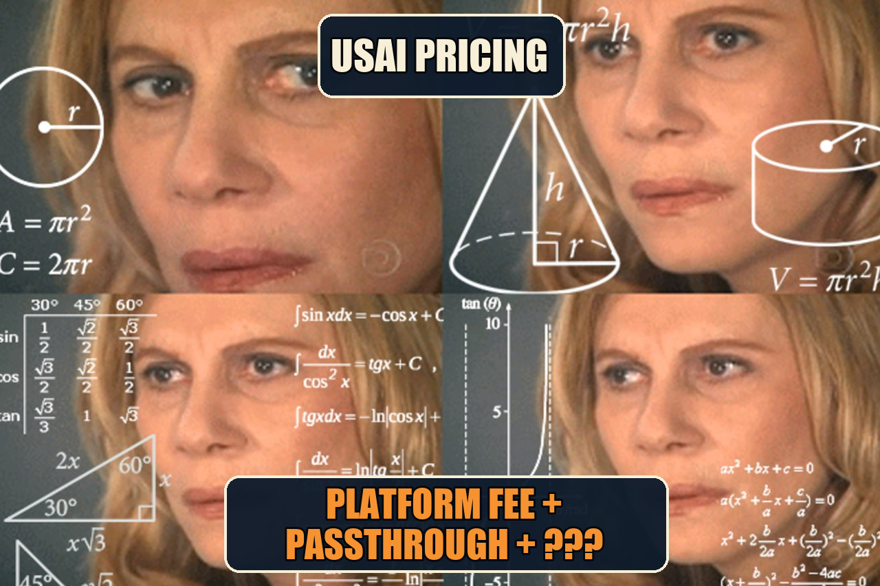 Confused Math Lady meme with the setup USAi pricing and the payoff Platform fee plus passthrough plus three question marks.