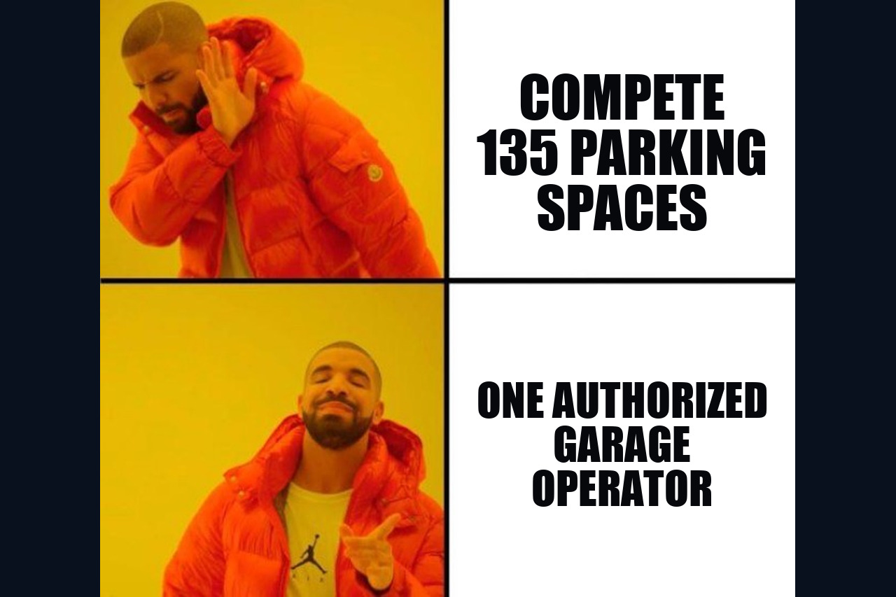 Drake Hotline Bling meme rejecting competition for 135 parking spaces and approving one authorized garage operator.