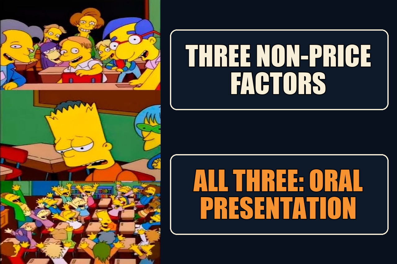 Say the Line Bart meme with the setup Three non-price factors and the payoff All three oral presentation.