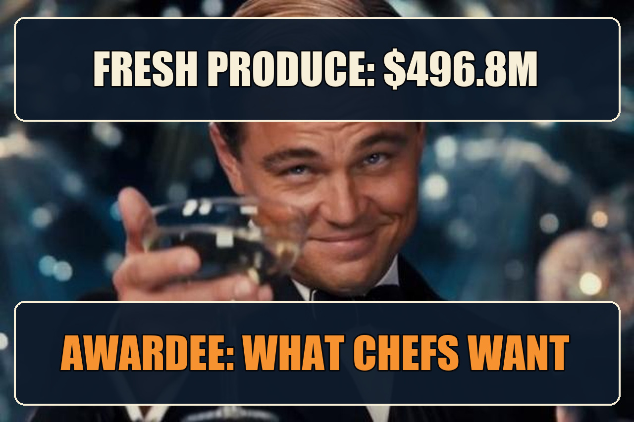 Leonardo DiCaprio Cheers meme with the setup Fresh produce 496.8 million dollars and the payoff Awardee What Chefs Want.