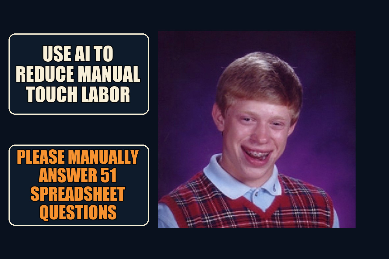 Bad Luck Brian image with the setup Use AI to reduce manual touch labor and the payoff Please manually answer 51 spreadsheet questions.