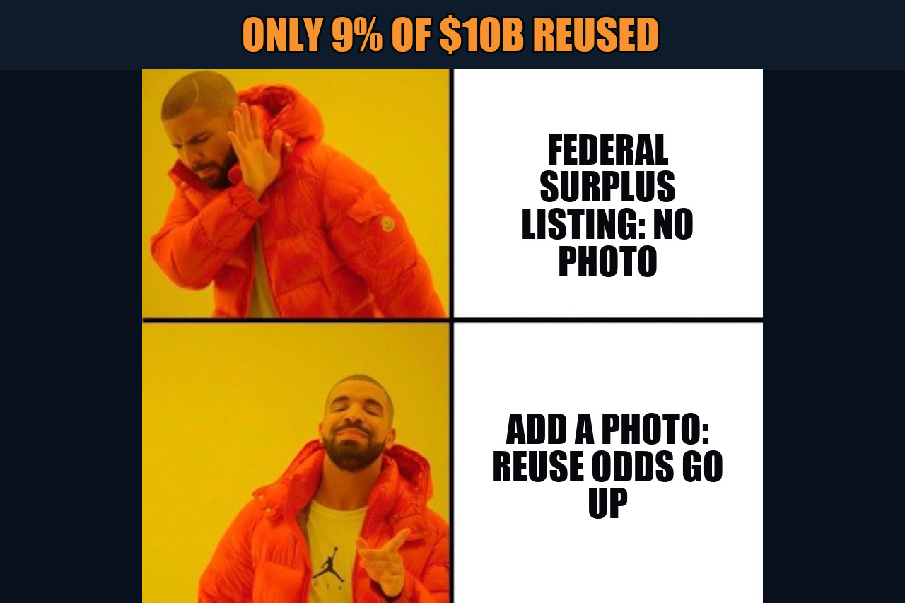 Drake Hotline Bling meme rejecting a federal surplus listing with no photo and approving adding a photo because reuse odds go up, under the header Only 9% of $10B reused.