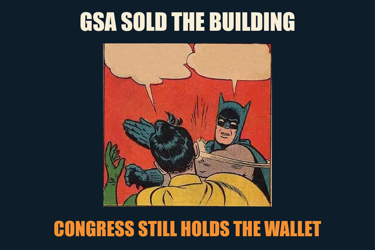 Batman Slapping Robin meme: GSA SOLD THE BUILDING / CONGRESS STILL HOLDS THE WALLET