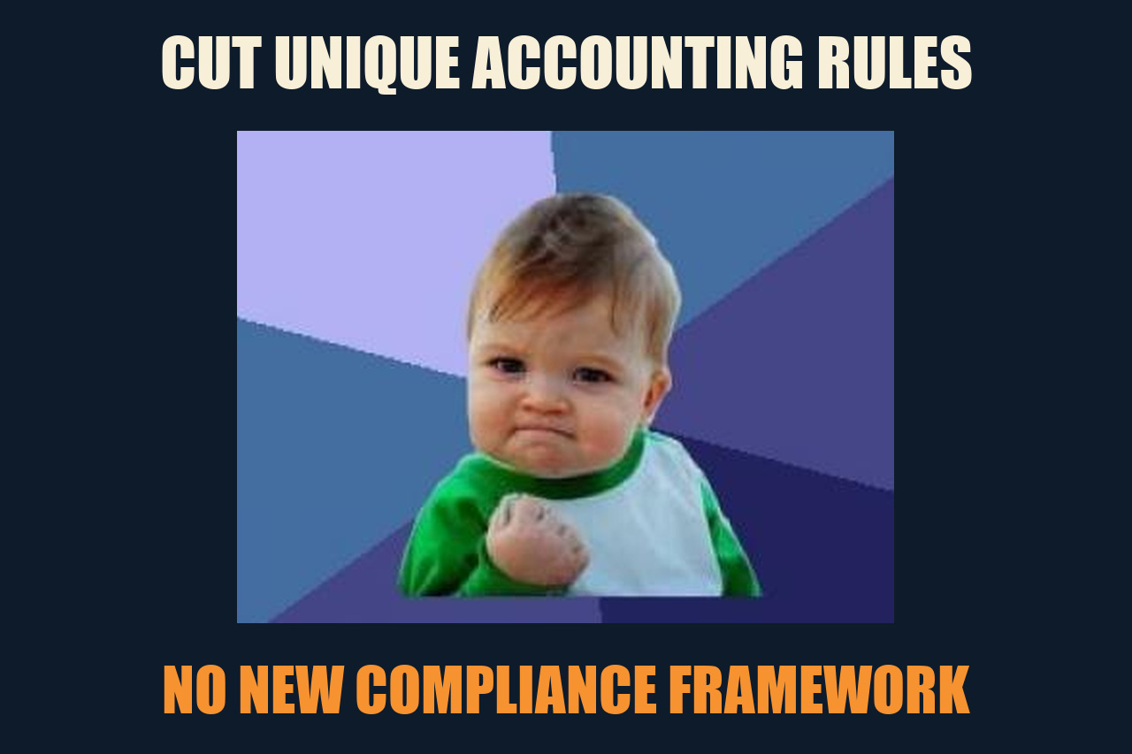 Success Kid meme: CUT UNIQUE ACCOUNTING RULES / NO NEW COMPLIANCE FRAMEWORK