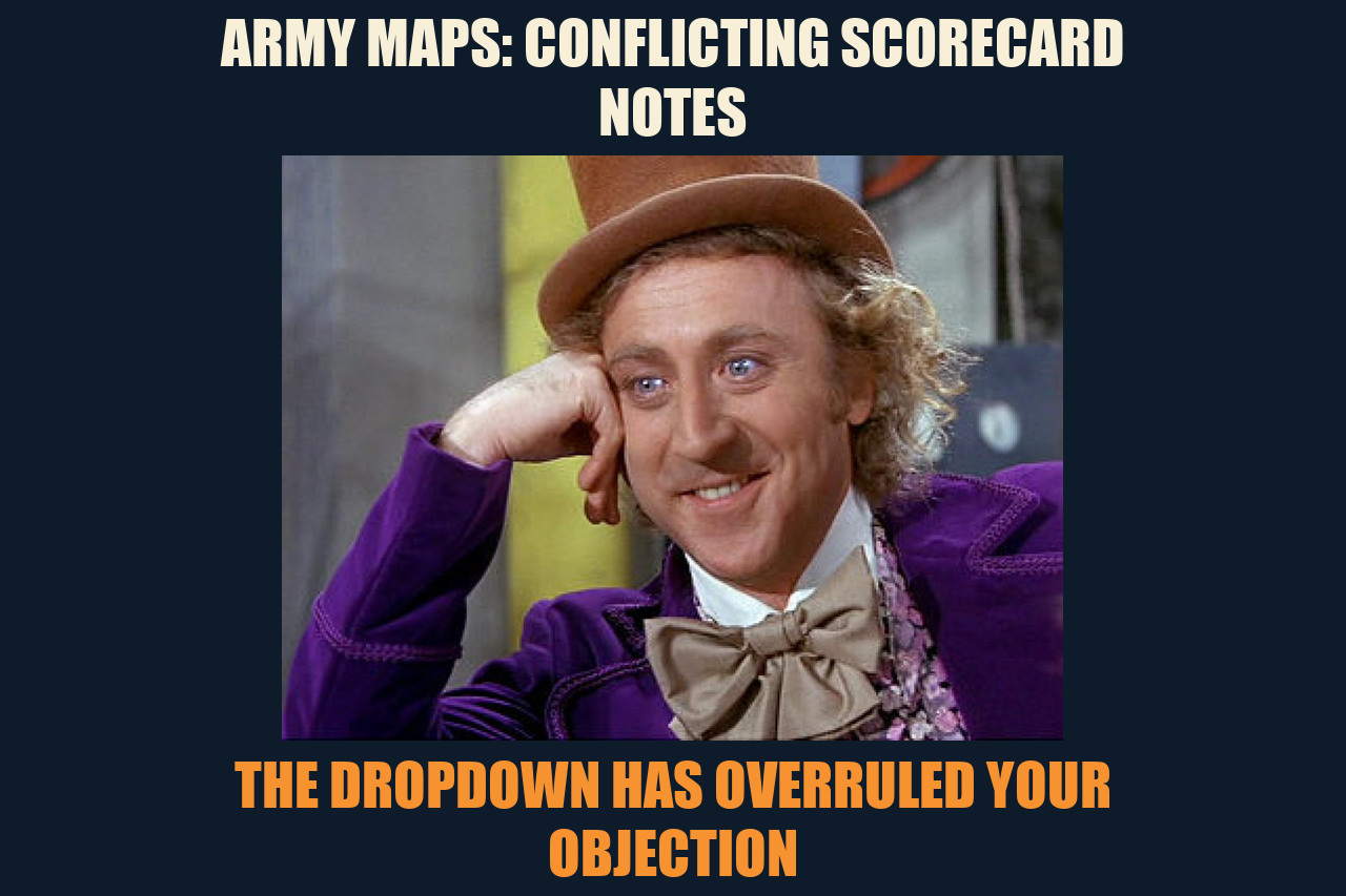 Condescending Wonka meme: ARMY MAPS: CONFLICTING SCORECARD NOTES / THE DROPDOWN HAS OVERRULED YOUR OBJECTION