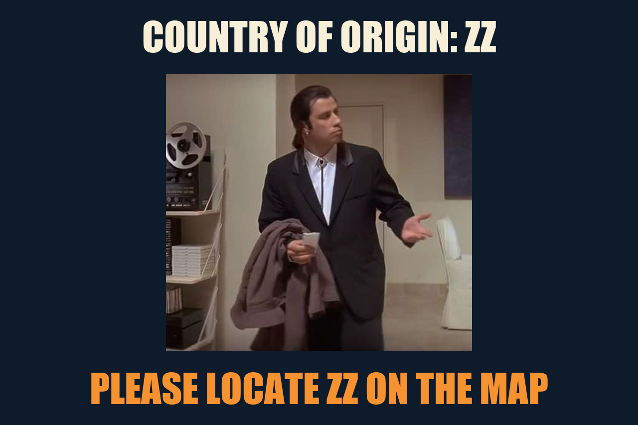 Confused Travolta meme: COUNTRY OF ORIGIN: ZZ / PLEASE LOCATE ZZ ON THE MAP