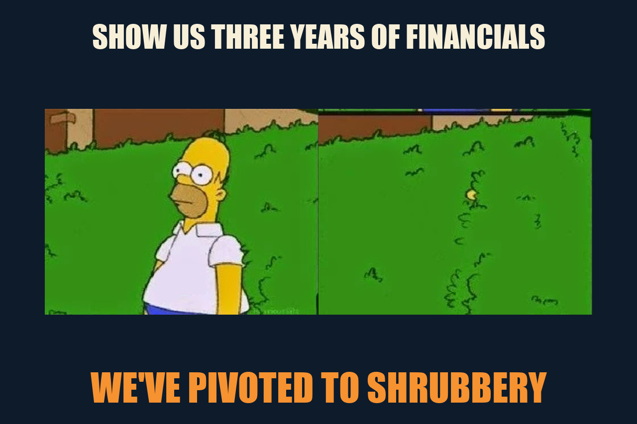 Homer Simpson Backs Into Bushes meme: SHOW US THREE YEARS OF FINANCIALS / WE'VE PIVOTED TO SHRUBBERY