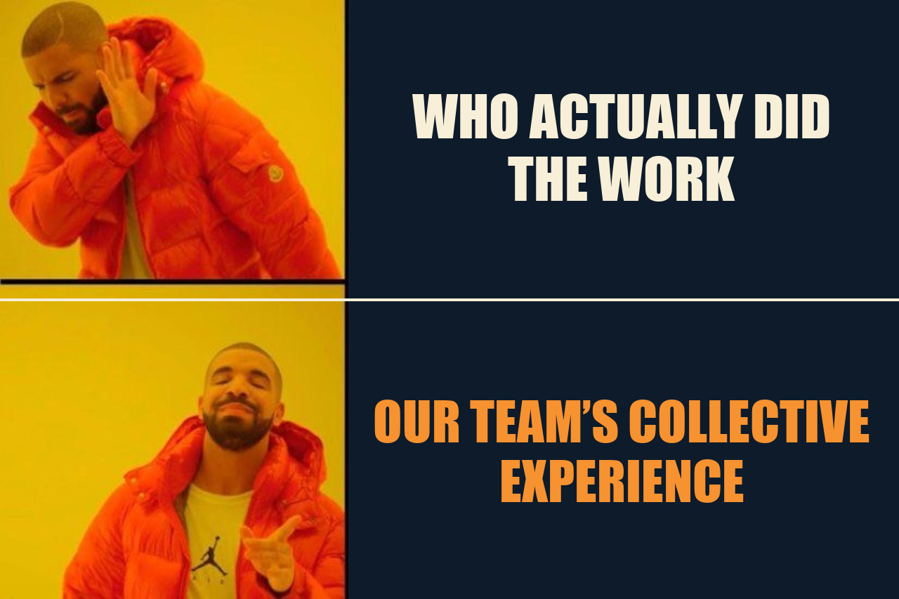 Drake / Hotline Bling meme: WHO ACTUALLY DID THE WORK / OUR TEAM’S COLLECTIVE EXPERIENCE