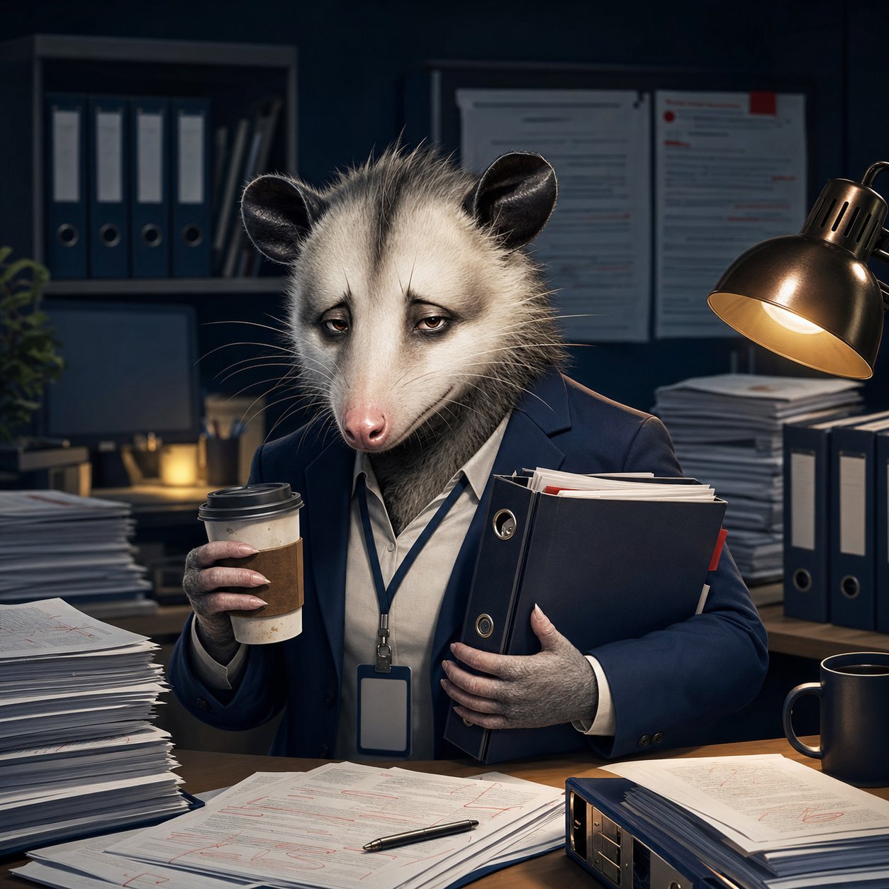 PCOpossum holding a coffee and contract binder in a dark acquisition office.
