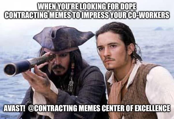 Pirates of the Caribbean characters search through a telescope for contracting memes; the punchline points to Contracting Memes Center of Excellence.