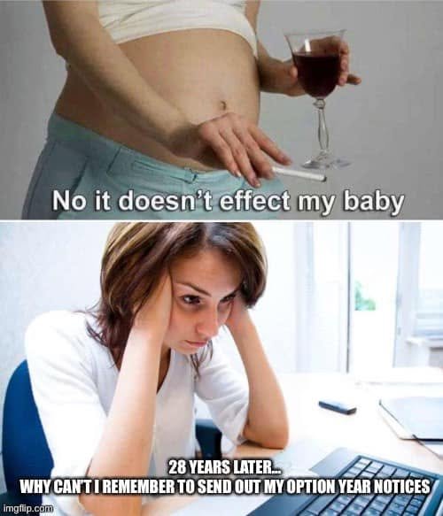 Two-panel meme: a person holding wine and a cigarette says it does not affect the baby; twenty-eight years later an office worker asks why they cannot remember option-year notices.