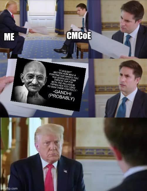 Trump interview panels labeled Me and CMCoE show the previously posted Gandhi-probably pen meme being presented to a skeptical interviewer.