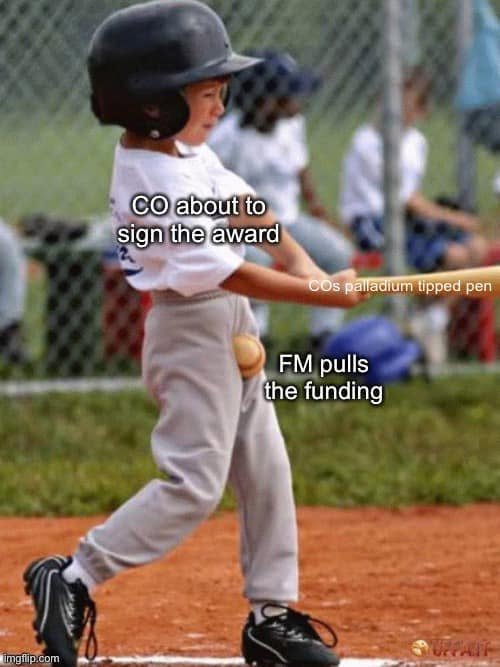 Baseball player labeled CO about to sign the award, bat labeled COs palladium tipped pen, and an incoming ball labeled FM pulls the funding.