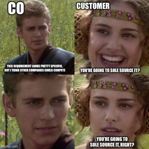 Four panels labeled CO and CUSTOMER show a contracting officer saying other companies could compete while the customer repeatedly expects a sole-source award.