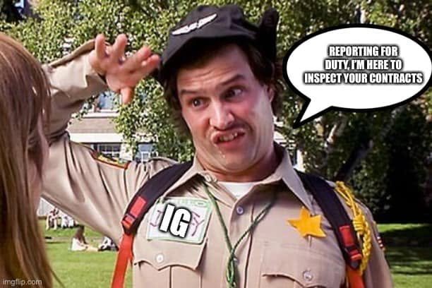 A comic uniformed character with an IG label salutes and says Reporting for duty, I am here to inspect your contracts.