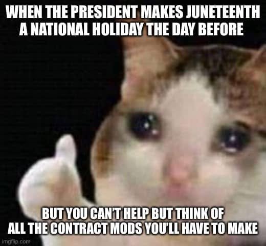 A tearful cat gives a thumbs-up. Text contrasts a last-minute Juneteenth national holiday announcement with thoughts of all the contract modifications to make.
