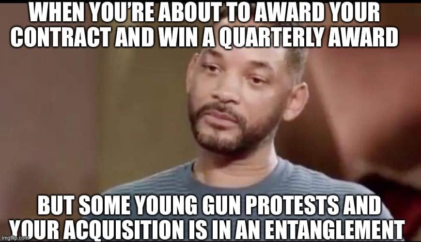 Will Smith looking resigned: a contract award and quarterly-award prospect are derailed when a young gun protests and the acquisition becomes an entanglement.