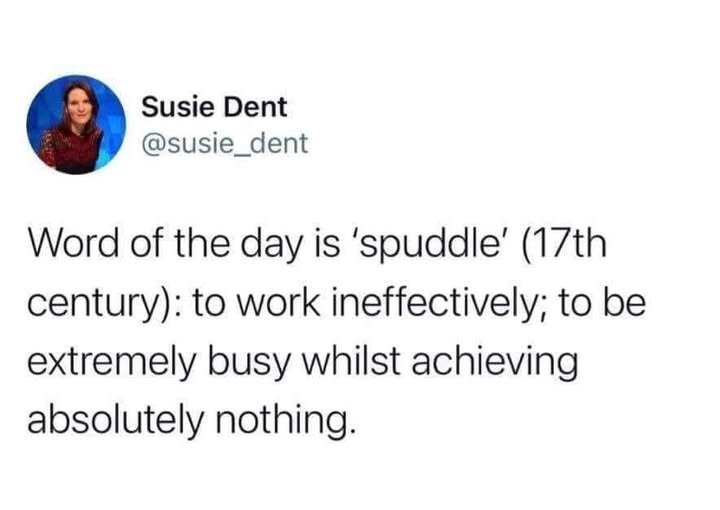Screenshot attributed to Susie Dent defines “spuddle” as working ineffectively or being very busy while achieving nothing.