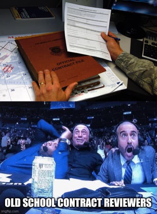 An official paper contract file appears above excited sports-commentator reactions and the caption OLD SCHOOL CONTRACT REVIEWERS.