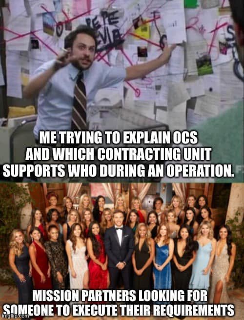 A frantic conspiracy-board presenter explains OCS and contracting-unit support; a dating-show group represents mission partners seeking someone to execute requirements.