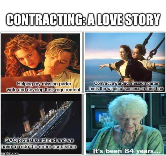 Titanic scenes labelled helping a mission partner develop a requirement, celebrating contract award, a sustained GAO protest requiring a redo, and It has been 84 years.