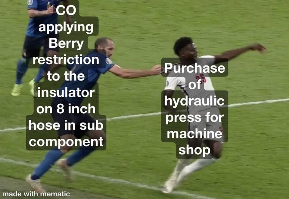 Comment attachment by Brandon Lepke: Soccer shirt-pull meme comparing a CO applying a Berry restriction to an insulator on a hose with a hydraulic-press purchase.