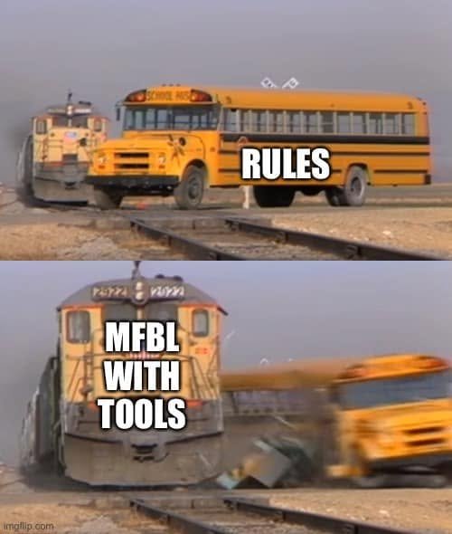 A school bus labeled Rules is struck by a train labeled MFBL with tools.