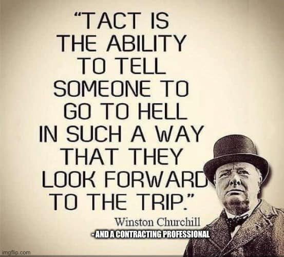 A quotation card defines tact as telling someone to go to hell so they look forward to the trip, attributes the line to Winston Churchill, and adds AND A CONTRACTING PROFESSIONAL.