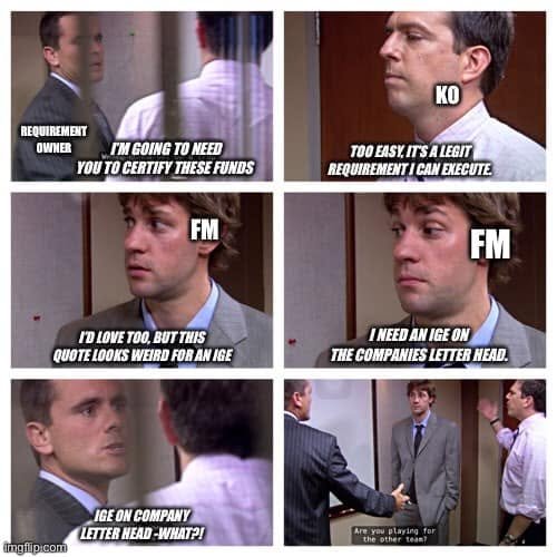Six-panel The Office meme: a requirement owner asks for funds certification, KO says the requirement can execute, and FM asks for an IGE on company letterhead, prompting confusion.