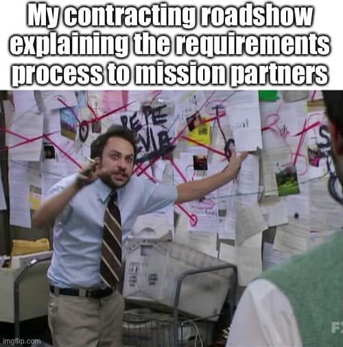 Charlie gestures at a wall of papers and red strings under “My contracting roadshow explaining the requirements process to mission partners.”