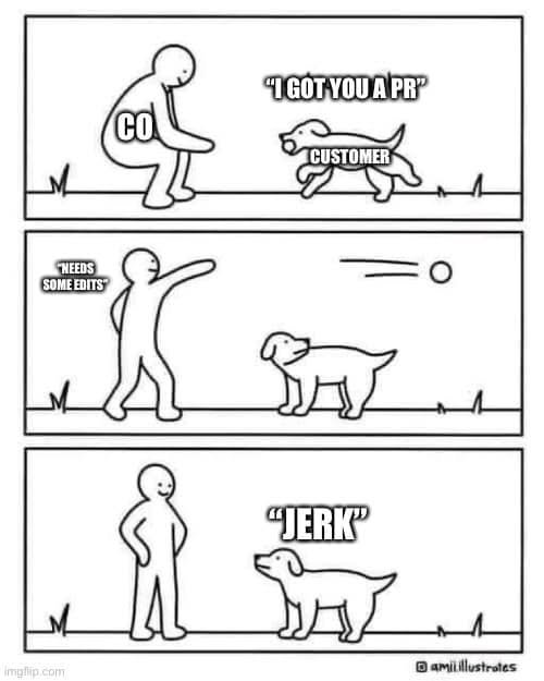 Three-panel cartoon: customer dog brings a purchase request to the contracting officer, who sends it back for edits; the dog calls the officer a jerk.