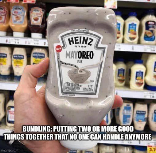 Bottle labelled Heinz Mayoreo above text defining bundling as putting two or more good things together that no one can handle anymore.