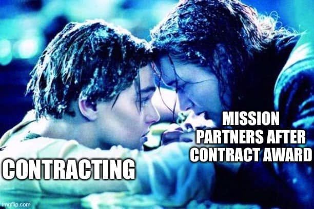 Two Titanic characters in the freezing-water scene are labelled Contracting and Mission partners after contract award.